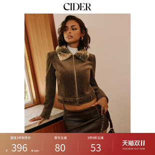 CIDER棉混纺灯芯绒动物印花仿皮草配腰带短款外套115841748