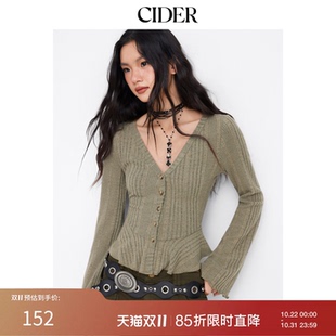 CIDER磨毛V领喇叭袖荷叶边褶边纽扣上衣115002072