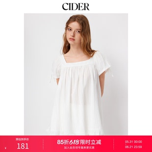 CIDER再生棉法式方领新款女装荷叶边系带短袖衬衫上衣