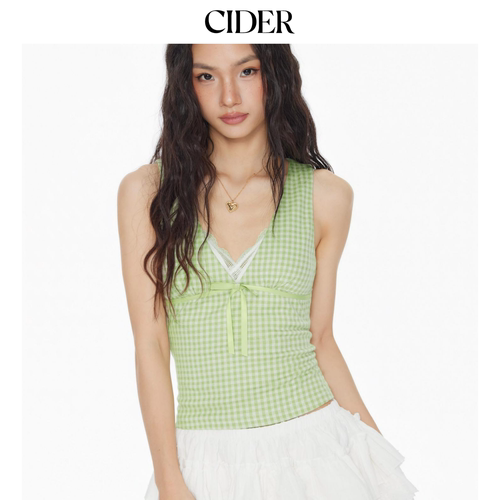 【明星同款】CIDER正品辣妹深v领格纹小蝴蝶结上衣114514060