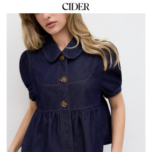明星同款 上衣女装 CIDER娃娃领正品 牛仔衬衫 114346275 泡泡袖