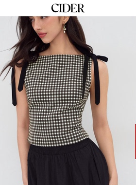 【明星同款】CIDER 正品船领格子蝴蝶结背心上衣114193321