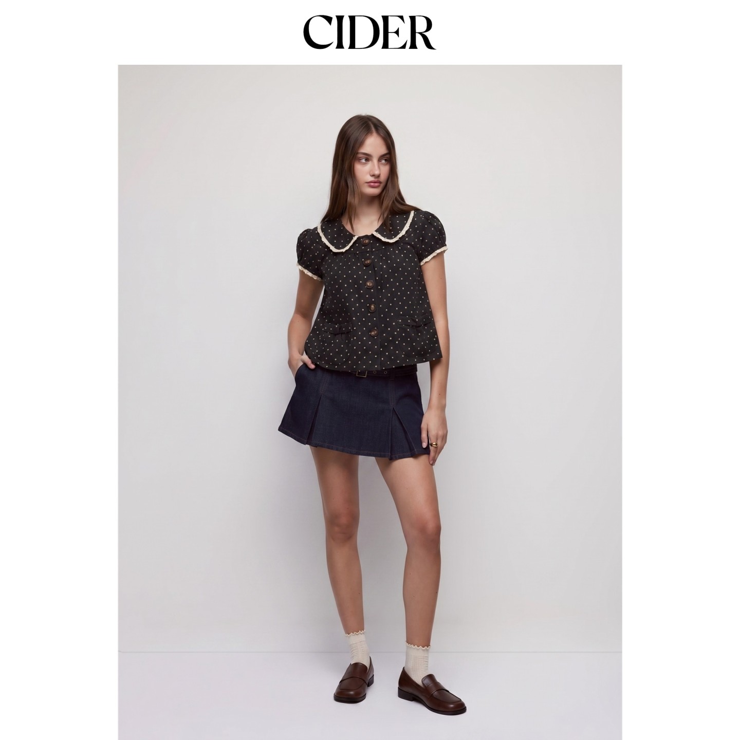 CIDER2026秋季新品提花波点彼得潘翻领泡泡袖荷叶边上衣115535336图片