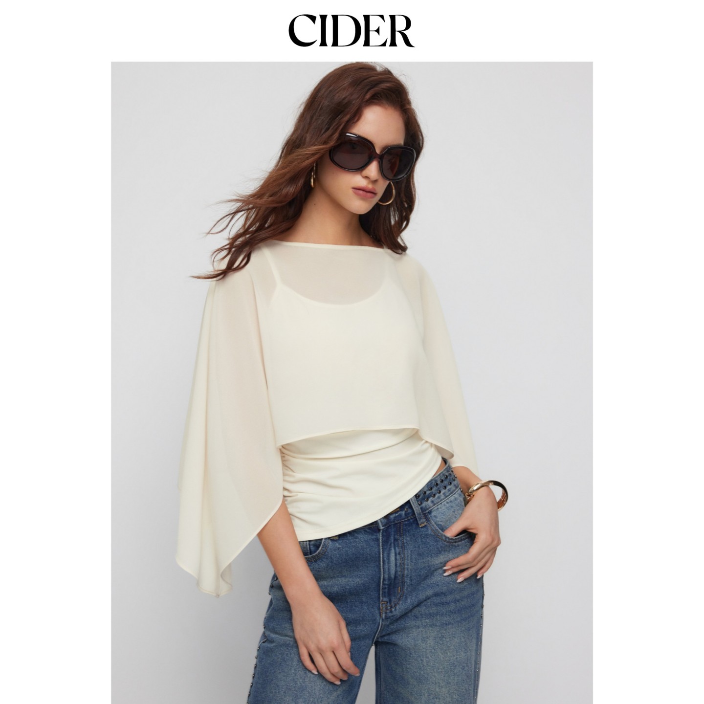 CIDER2026早秋季新品褶皱吊带上衣配雪纺船领披肩115430335图片