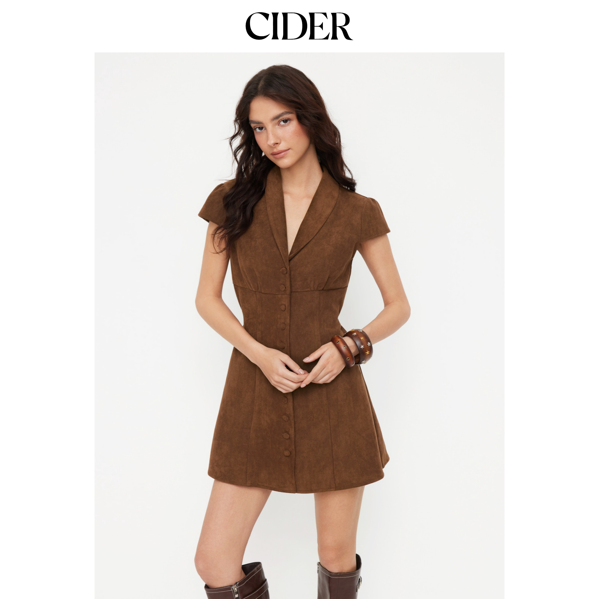 CIDER麂皮翻领蝴蝶结绑带迷你连衣裙115112417