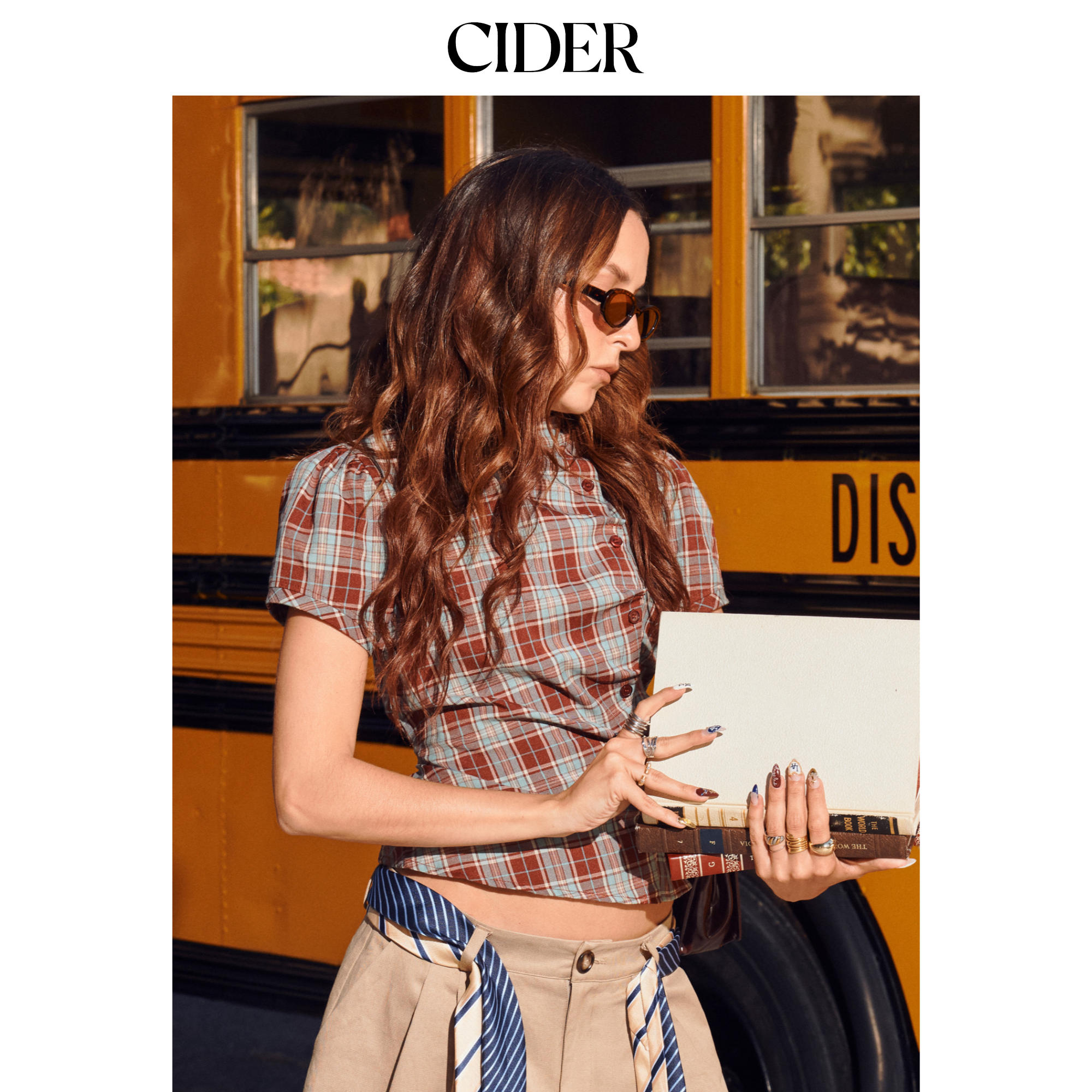 CIDER格纹格子衬衣上衣翻领泡泡袖美式复古扣纽衬衫女11477