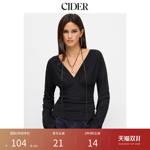 CIDER秋季新品纯色V领系带露背喇叭袖短款上衣115011453