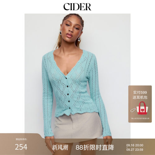 CIDER针织羊毛混纺镂空罗纹V领纽扣前长袖上衣115789893