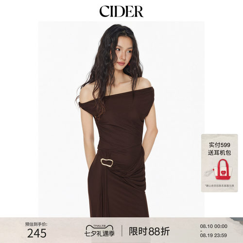 CIDER优雅风网纱不对称领口褶皱垂坠长连衣裙女装114604474