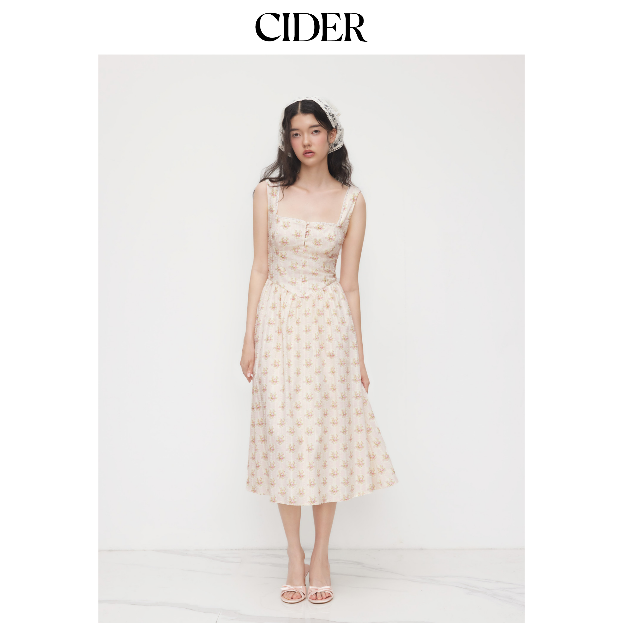 CIDER 法式方领碎花甜美吊带裙长款吊带连衣裙11450210