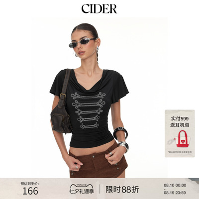 CIDER2026夏季新品水钻印花荡领荷叶袖褶皱上衣115486525