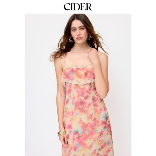 CIDER2026夏季新品抽象蕾丝镶边方领A字长连衣裙115415802