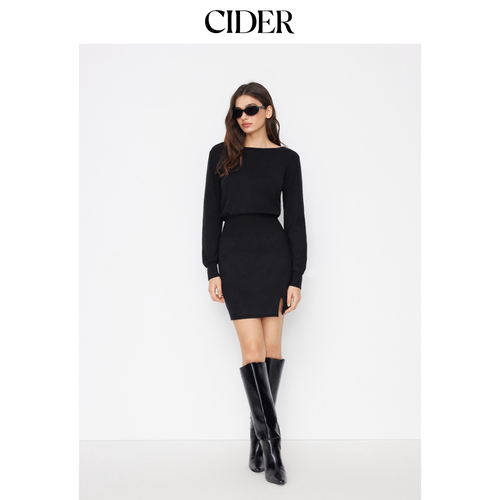 CIDER春秋女装针织船领长袖开衩迷你连衣裙114860884