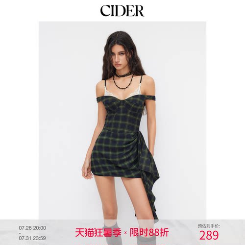 CIDER甜美格子蕾丝边系带设计褶皱吊带连衣裙114791391