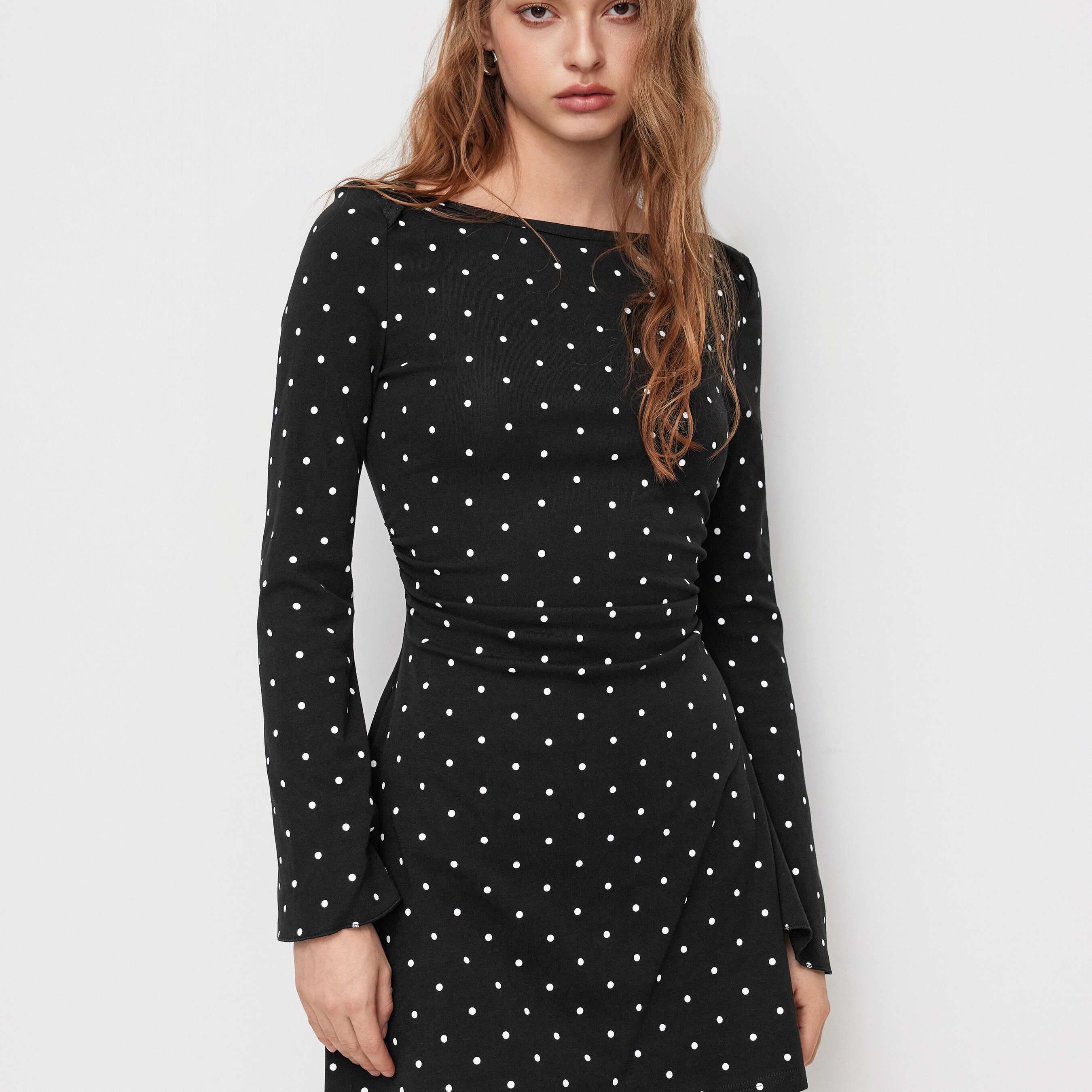 CIDER 流行风格圆点褶皱泡泡袖棉迷你连衣裙114839347