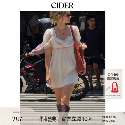 CIDER毕业季穿搭｜立体碎花刺绣方领泡泡袖迷你连衣裙115416308