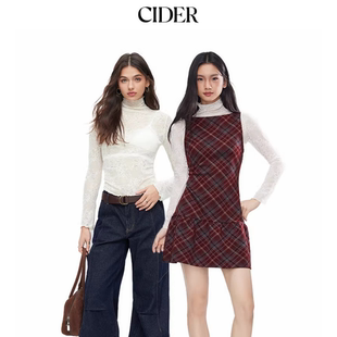 【所有女生直播间】CIDER明星同款酒红色格纹连衣裙/白色蕾丝上衣