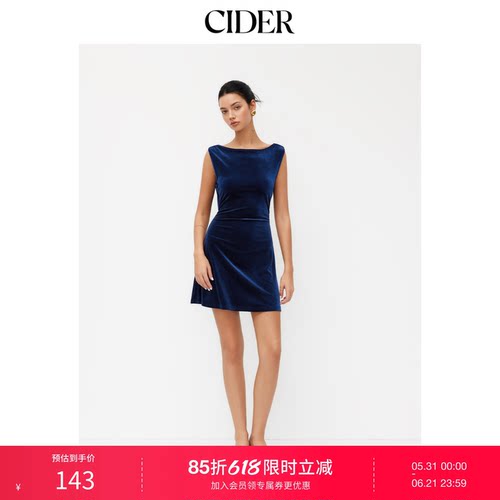 CIDER丝绒船领抽褶露背金属装饰迷你连衣裙114788300