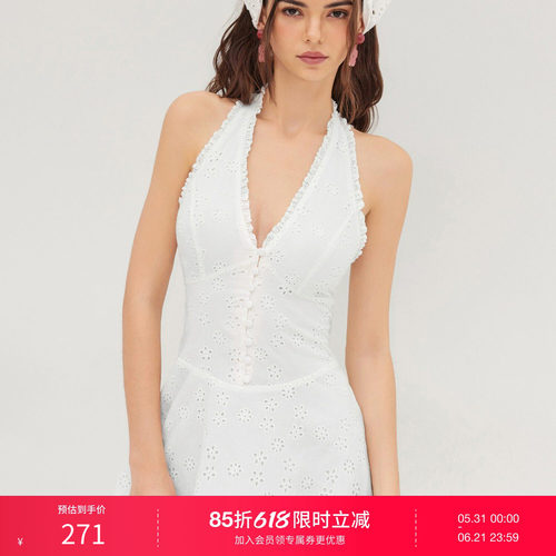CIDER毕业季穿搭｜棉质英式刺绣短款无袖挂脖连衣裙女装114385251