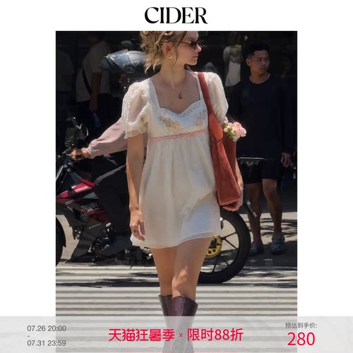 CIDER毕业季穿搭｜立体碎花刺绣方领泡泡袖迷你连衣裙115416308