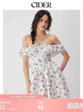 CIDER2026春季新品碎花露肩荷叶袖蕾丝娃娃迷你裙115347528