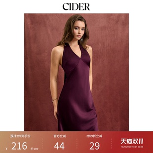 CIDER缎面V领露背蝴蝶结鱼尾长连衣裙115070570