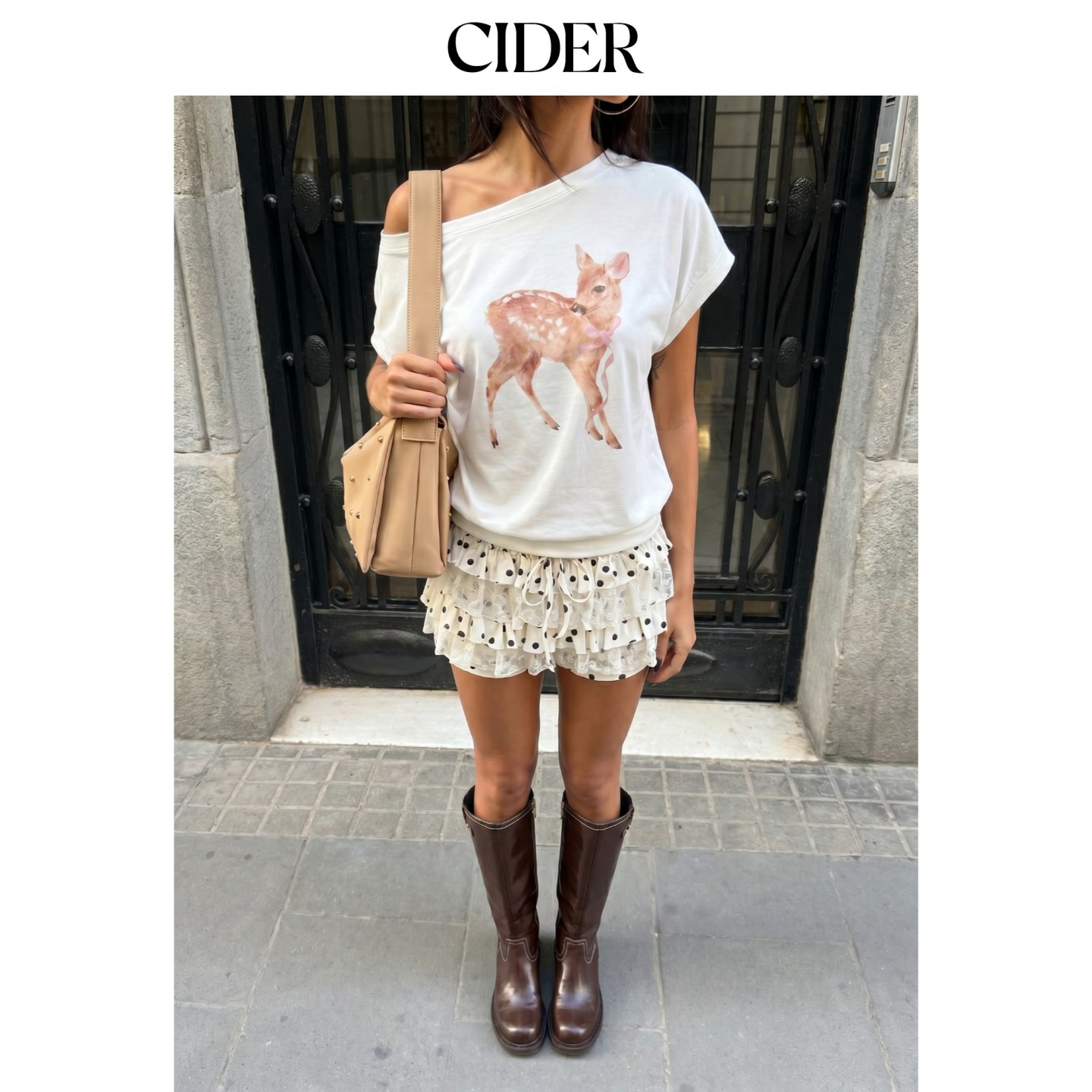 CIDER2026早秋季新品棉混纺鹿与蝴蝶结印花不对称领上衣115486644图片