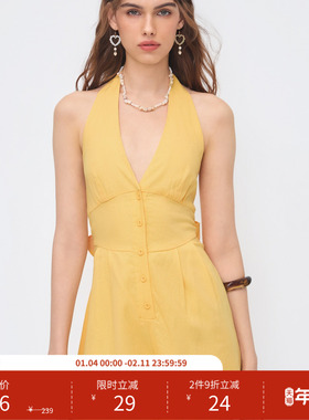 CIDER 时尚连身裤亚麻V领纽扣蝴蝶结露背连身裤114651037