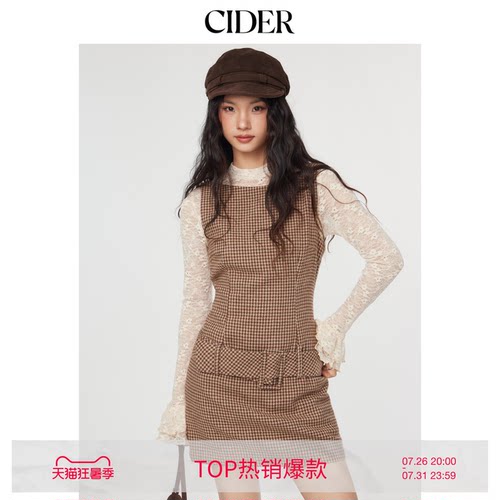 CIDERchic风格纹无袖棕色短款千鸟格美式复古连衣裙114792418