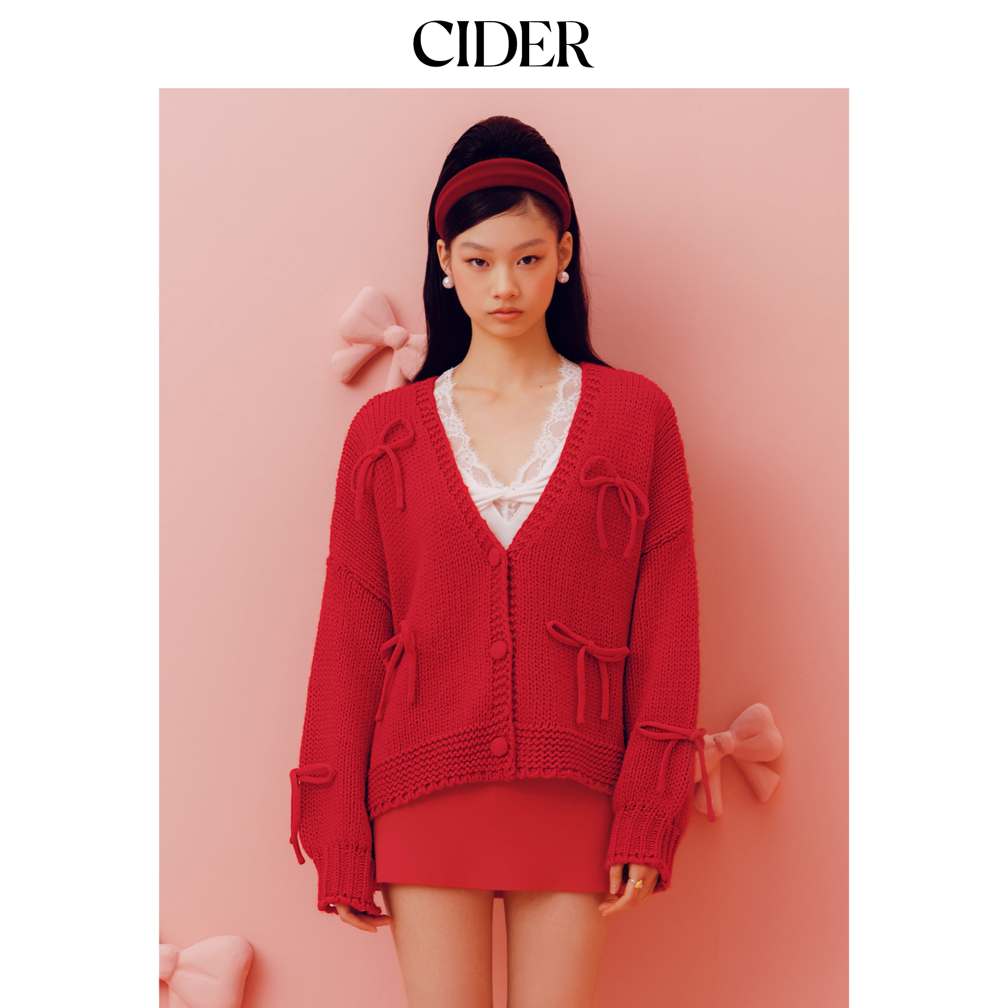 CIDER新年穿搭针织V领蝴蝶结宽松开衫红色毛衣女冬115154696,女装/女士精品,毛衣,淘宝优惠券,粉丝福利购,淘宝优惠卷