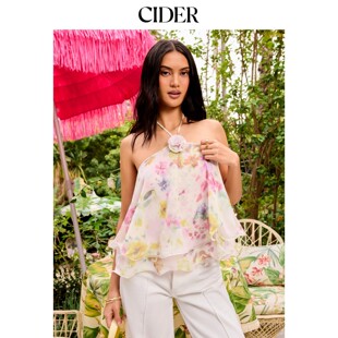 CIDER2026春季新品碎花挂脖贴布荷叶边雪纺短款上衣115280669