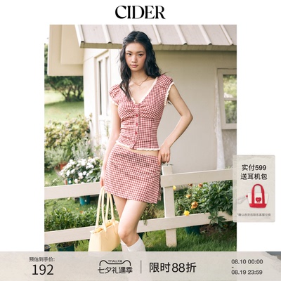 CIDER2026新品提花红色格纹插肩袖褶皱甜美短袖衬衫上衣115245878