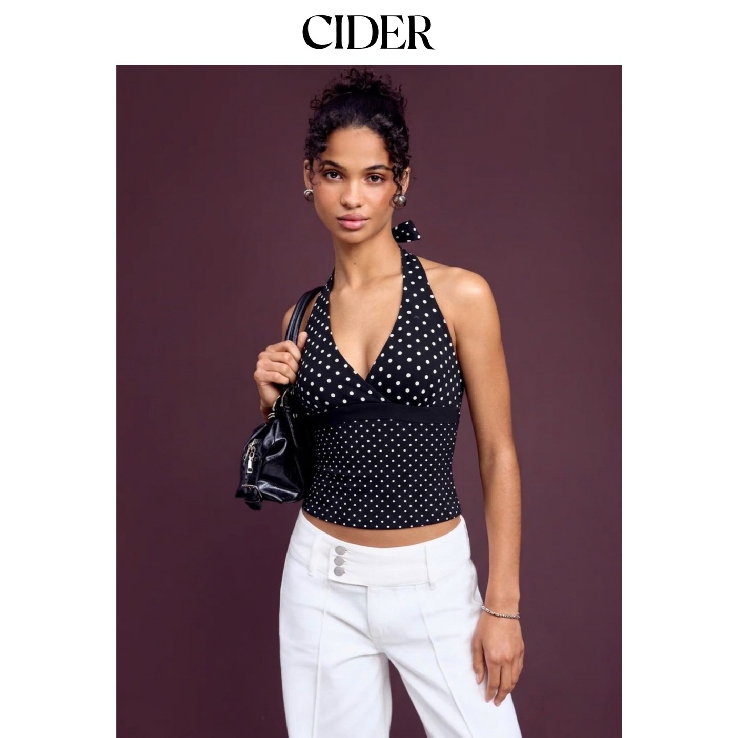 CIDER2026早秋季新品棉混纺波点V领挂脖上衣115426738图片