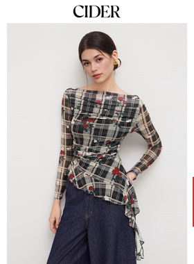 CIDER玫瑰格纹修身衬衫斜肩荷叶边针织上衣女114149345