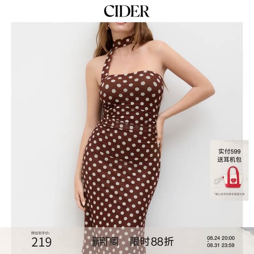CIDER网纱挂脖波点褶皱连衣裙
