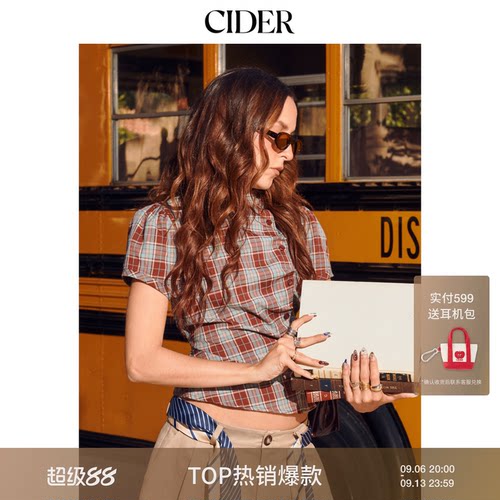 美式复古格纹短袖衬衫女
