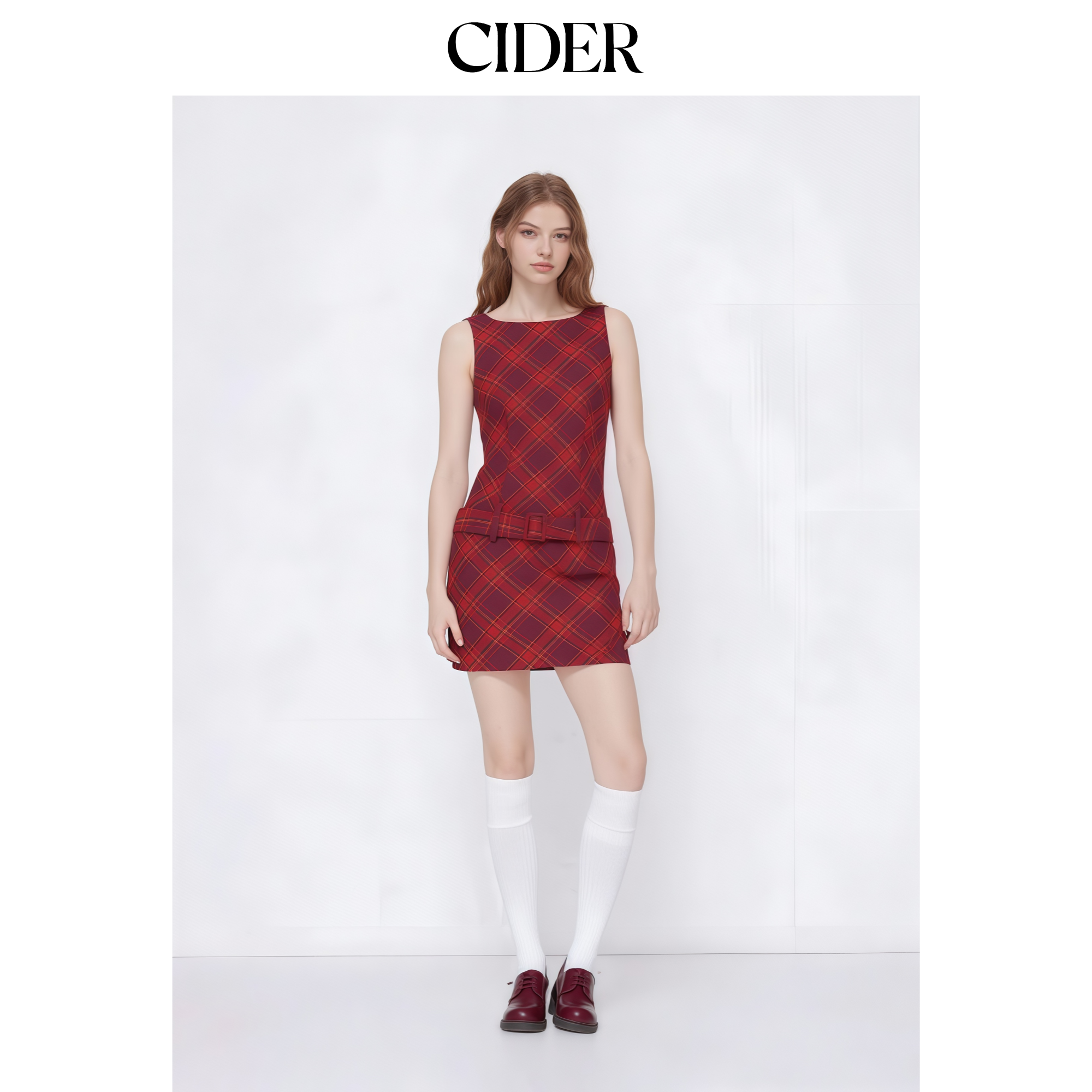 CIDER棉混纺圆领格纹迷你连衣裙（带腰带）115033288