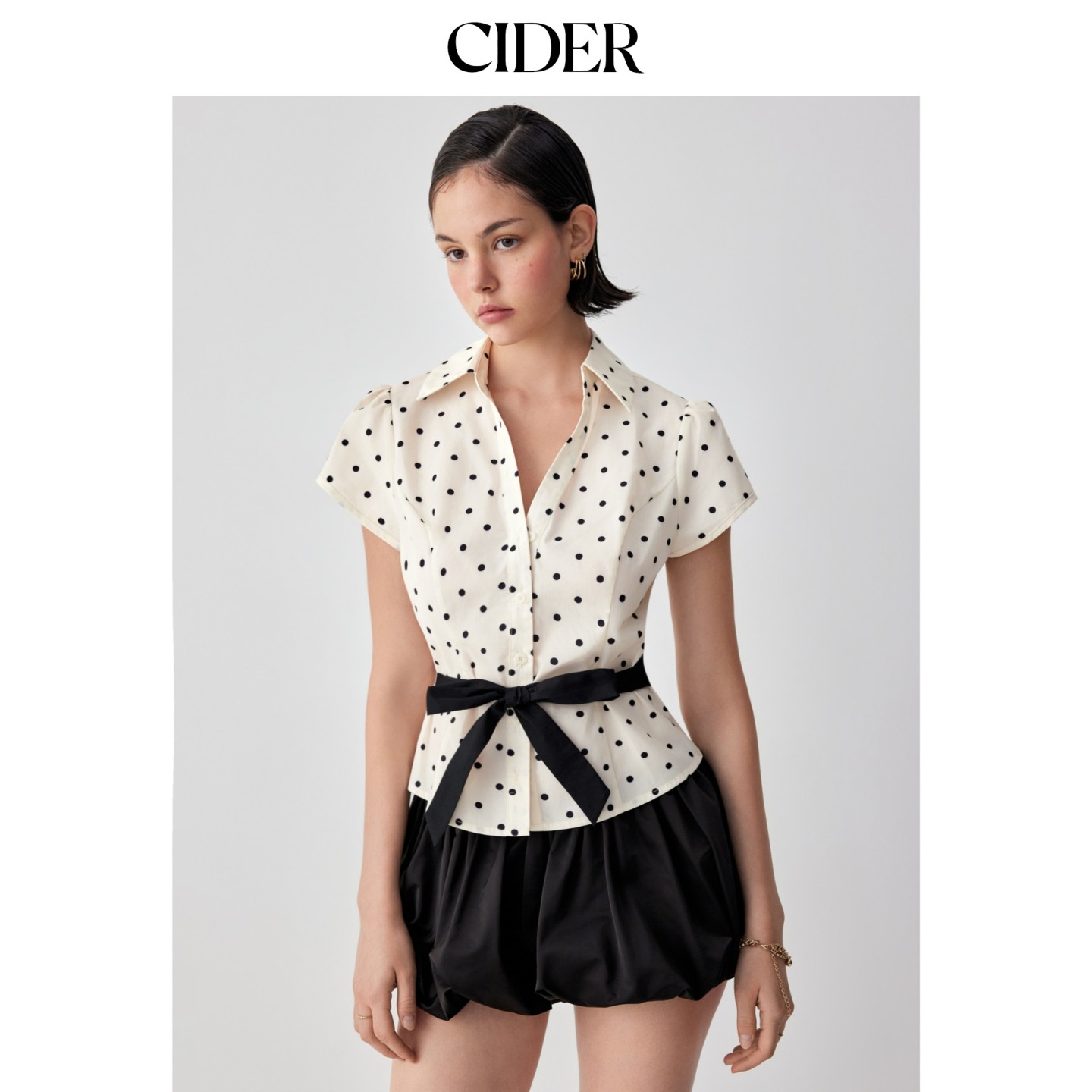 CIDER2026早秋季新品棉质波点泡泡袖蝴蝶结系带上衣115624647图片