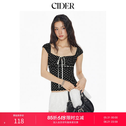 CIDER方领波点系带短袖短款T恤