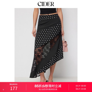 CIDER缎面低腰波点蕾丝拼接不对称中长半身裙115362146