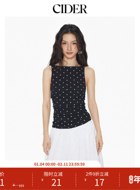 CIDER棉质荡领系带波点设计感褶皱背心上衣114533113