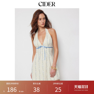 CIDER2026早秋穿搭棉质碎花挂脖蝴蝶结A字迷你连衣裙115277370
