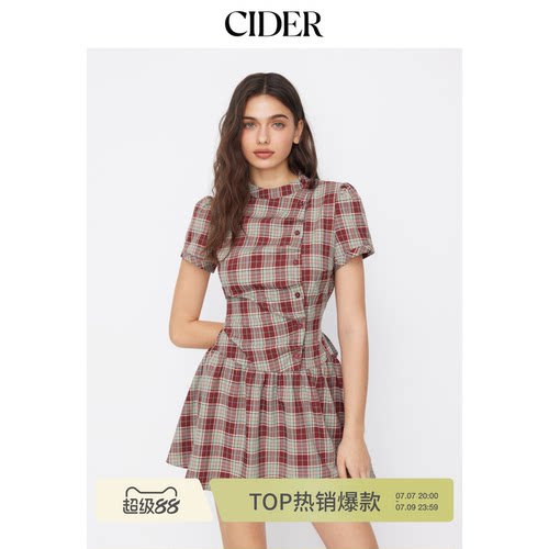 【明星同款】CIDER美式格纹泡泡袖系带连衣裙114992258