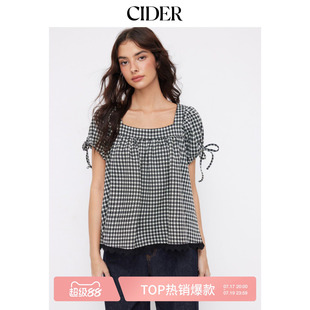 CIDER2026春季新品方领泡泡袖格子束腰上衣115105358