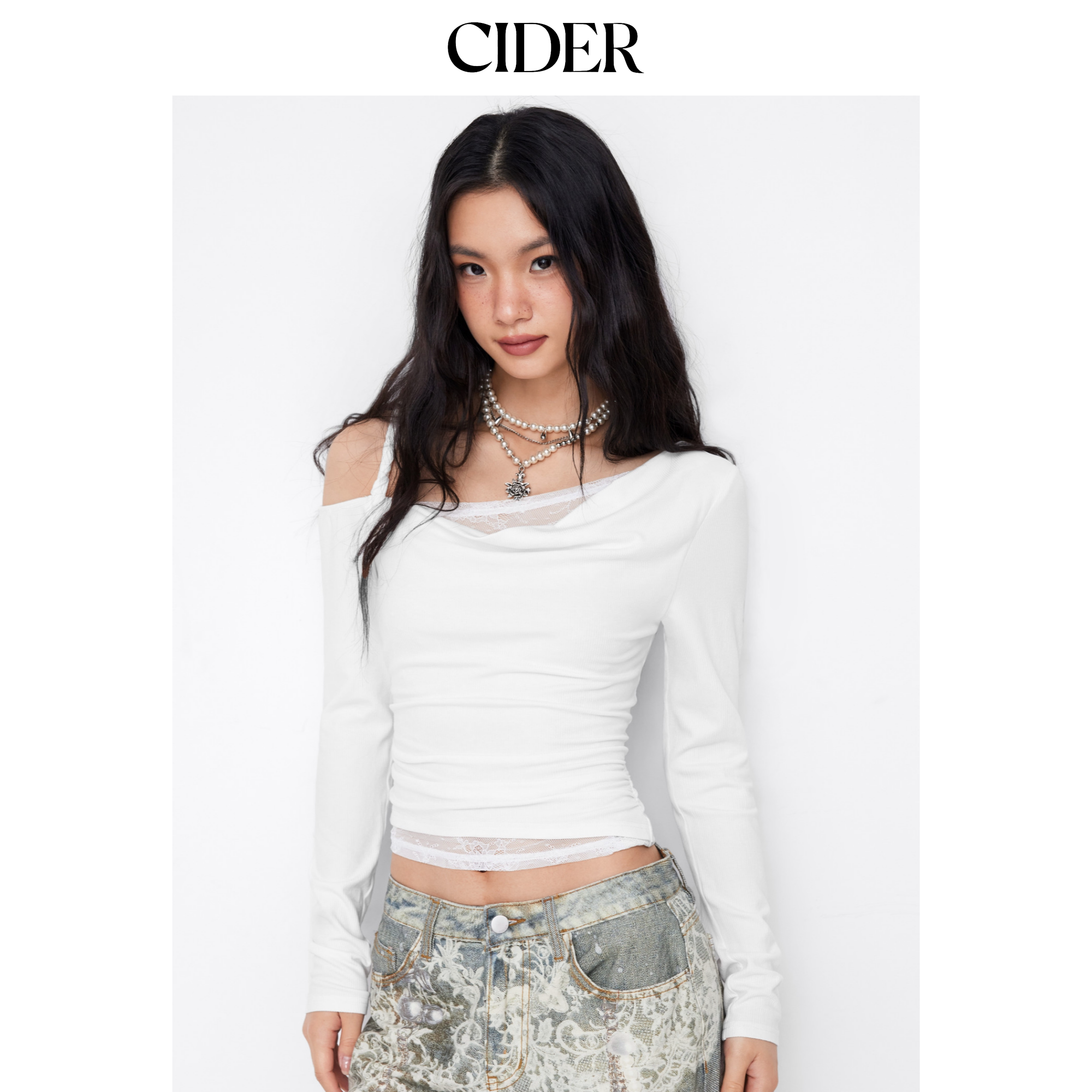 CIDER美式不对称领口长袖蕾丝褶皱上衣114993948图片