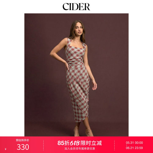 CIDER2026春季新品几何格纹方领裹身褶皱中长连衣裙115354132