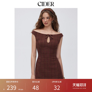 CIDER2026秋季新品格纹露肩镂空蝴蝶结A字迷你连衣裙115783133