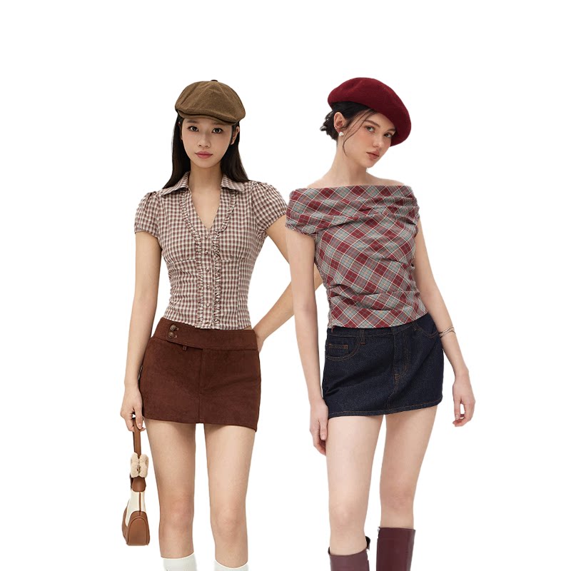 【所有女生的CIDER】明星同款一字肩格纹上衣/miu系V领学院风衬衫