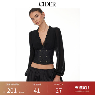 CIDER新品拿破仑碎花V领灯笼袖金属装饰上衣115492834