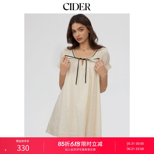 CIDER2026春季新品纯棉泡泡袖系带扭结迷你连衣裙115217227